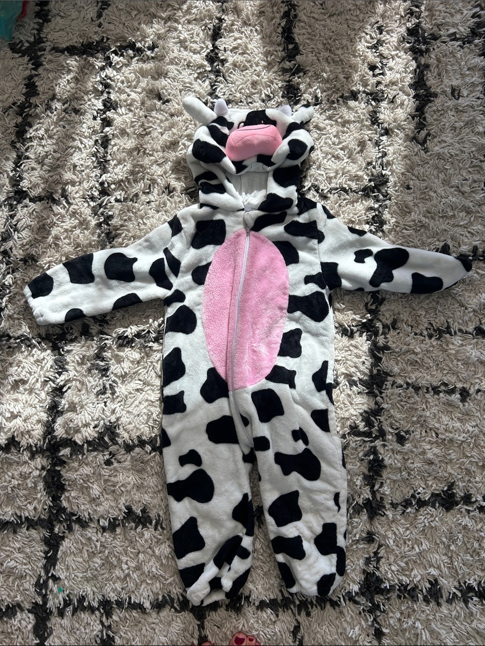 Kids Cow One-Piece Fleece Romper with Hood - White, Black & Pink
